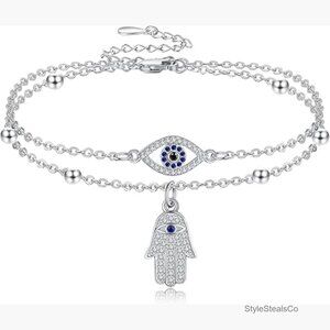 Sterling Silver Adjustable Evil Eye Hamsa Anklet with Highland Cow Ladybug